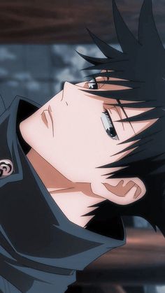 an anime character with black hair looking up