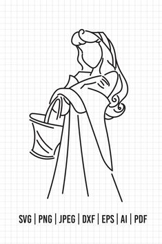 a black and white line drawing of a woman holding a basket in her hand, with the words svg png / jp