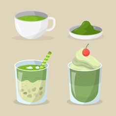 three cups filled with different types of green drinks and one has a cherry on top