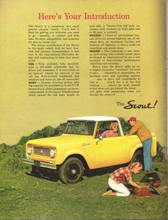 an old yellow truck with two people standing next to it and another man leaning on the car