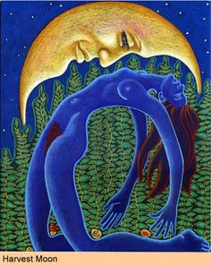 a painting of two people embracing each other with the moon in the sky above them