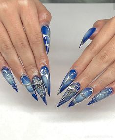 Cybercore Nails Blue, Airbrush Nails Blue, Silver And Dark Blue Nails, Transformers Nails, Y2k Blue Nails, Blue Airbrush Nails, Blue And Grey Nails, Y2k Nails Blue, Blue Y2k Nails