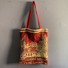 Handmade tote bag made from vintage tapestry blanket remnants. 14inx16.5in Straps 28in Retro Rectangular Tapestry Bags, Red Tapestry Bag, Rectangular Shape, Red Tapestry Bag With Rectangular Shape, Red Tapestry Bags With Rectangular Shape, Red Tapestry Rectangular Bag, Handmade Tote Bag, Tapestry Blanket, Tapestry Bag, Handmade Tote