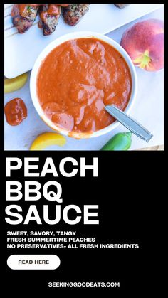 an advertisement for peach bbq sauce on a table