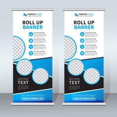 two roll up banners with blue and black designs