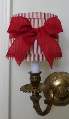 Mini Drum Lamp Shade for Chandelier or Sconce in a Red ticking fabric with Red Linen Bow French Country or Cottage Chic Painting Lamp Shades Diy, Tutu Lamp Shade, Frabric Lamp Shades, Tartan Plaid Lamp Shade, Lampshade Redo, Red Chandelier Shades, Rectangle Lamp Shade, Lamps Diy, Red Lampshade