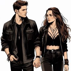 a man and woman are walking down the street together, one is wearing a black leather jacket