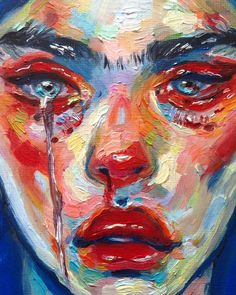 an oil painting of a woman's face with tears on her eyes and nose