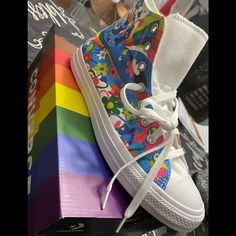 Beautiful Colorful Kicks! With Rainbow Bottom Are Sure To Get The Attention They Deserve! These Are Unisex 11 Women 9 Mens Sure To Move Fast Colorful Fun Sneakers For Summer, Colorful Fun Sneakers For Spring, Funky Multicolor High-top Sneakers, Multicolor High-top Sneakers For Summer, Spring Multicolor High-top Sneakers With Rubber Sole, Fun Rainbow Sneakers For Spring, Summer Multicolor High-top Sneakers, Rainbow High-top Sneakers For Spring, Spring Rainbow High-top Sneakers