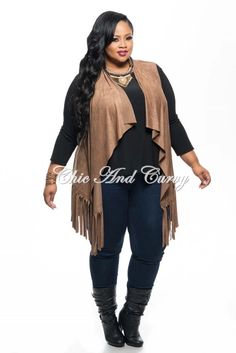 Final Sale Plus Size Faux Suede Vest w/ Fringe Bottom in Tan Fringe Vest Outfit, Fringed Vest Outfit, Plus Size Western Fashion, Faux Suede Vest, Chic And Curvy, Faux Fur Cropped Jacket, Bell Sleeve Romper, Vest Outfit, Plus Size Blazer