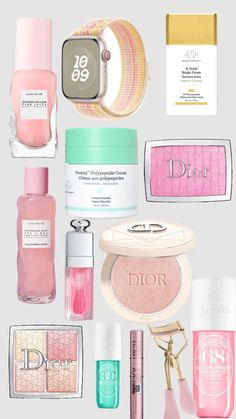 many different types of cosmetics and perfumes on a white background with the words dior written