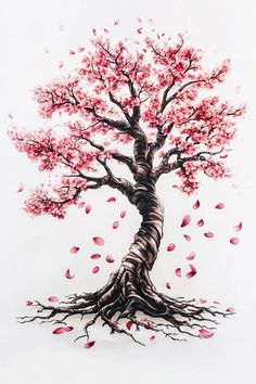 a drawing of a tree with red leaves