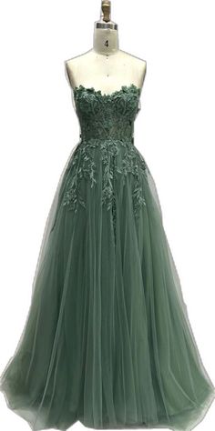 A-line Prom Gown With Lace Bodice, A-line Gown With Lace Bodice For Prom, Green Lace Ball Gown For Prom Season, Prom Gown With Lace Bodice And Sweetheart Neckline, Lace A-line Gown With Sweep Train, Strapless Lace Bodice Evening Dress, Lace Evening Dress With Sweep Train And Sweetheart Neckline, Lace A-line Evening Dress, Lace Evening Dress With Sweetheart Neckline And Sweep Train