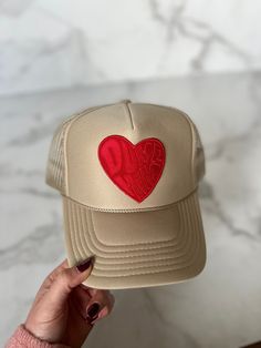 "Khaki/Sand Dump Him Trucker Hat - Khaki trucker hat with red \"Dump Him\" patch design. In stock and ready to ship!" Hats With Patches, Trucker Hat Designs, Cap Inspiration, Red Trucker Hat, Womens Ball Caps, Dump Him, Country Hats, Vintage Trucker Hats, Amazon Clothes