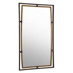 a rectangular mirror with an iron frame and wood trimmings on the bottom, against a white background