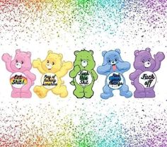 four different colored teddy bears sitting next to each other on a rainbow glittered background