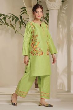 Product Details: 2 Piece Straight Shirt with Trouser Details: Embroidered Shirt Embroidered Trouser Color: Parrot Fabric: Katan Silk Pakistani Wedding Dress, Formal Suits