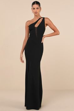 Leave the crowds speechless at the sight of you in the Lulus Mesmerizing Energy Black Cutout One-Shoulder Mermaid Maxi Dress! This exquisite dress has a stretchy crepe knit fabrication that shapes a one-shoulder neckline with a sexy cutout strap that flows into a darted bodice with an asymmetrical mesh insert at the center. The figure-skimming silhouette features asymmetrical seaming as it continues into a flattering mermaid skirt with an elegant maxi hem. Fit: This garment fits true to size. Le Elastane One Shoulder Dress For Parties, One-shoulder Elastane Maxi Dress, Mermaid Maxi Dress, Mermaid Skirt, Dress 100, Large Size Dresses, Floor Length, Apparel Accessories, Bodice