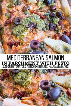 mediterranean salmon with pesto, olives, and capers in a baking dish