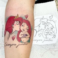 a couple of tattoos that are on the leg of someone's arm and one has a princess tattoo on it