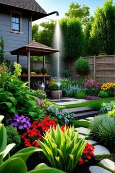 a garden with lots of flowers and water spouting out of it's center