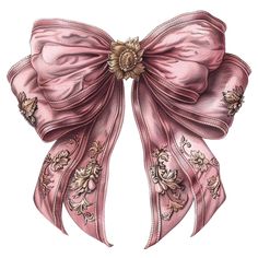 an illustration of a pink bow with floral designs on it's side and gold accents