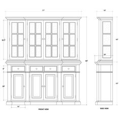 the front and side view of a cabinet with measurements for each door, which is drawn in