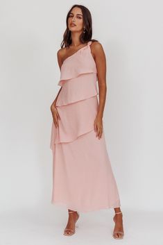 Delwyn One-Shoulder Maxi Dress Baby Pink Baby Pink Bridesmaid Dresses, Pink Selfie, Light Pink Bridesmaid Dresses, Pink Dress Shoes, Selfie Leslie, A Line Maxi Dress, Brunch Dress, Grad Dresses, Dress Inspo