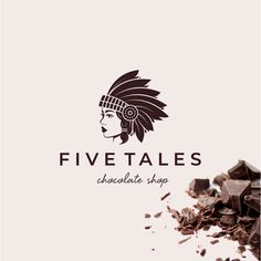 the logo for five tales chocolate shop is shown next to some pieces of chocolate and nuts