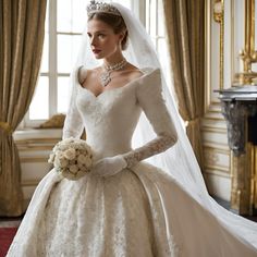 a woman in a white wedding gown and tiara