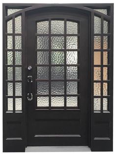 a black double door with glass panels on the front and side doors to both sides