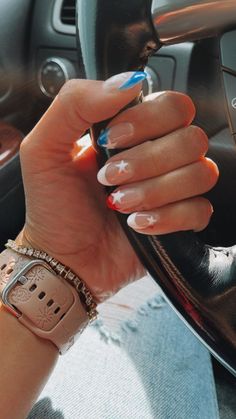 28 Stunning Fourth of July Nails Inspo 💅😍 4th Of July Nails Almond Shape Simple, Summer Gel Nails Ideas Fun 4th Of July, Short Almond Acrylic Nails 4th Of July, Cute Nails Summer Almond, Summer White Nails Ideas, 4th Of July Nails Almond Short, Red White And Blue Aura Nails, Simple Memorial Day Nail Designs, Cute June Nails