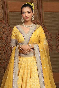 Mango yellow cotton shimmer chanderi lehenga with attached cancan, geometric patterns, intricate gota, dori and badla work and purple broad border. Comes with padded, gota work blouse and coordinating net dupatta. - Aza Fashions Shimmer Lehenga, Badla Work, Chanderi Lehenga, Mango Yellow, Gota Work, Blouse Silk, Bridal Lehengas, Yellow Blouse, Net Dupatta