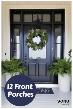 A welcoming front door with an elegant black design, lush greenery in planters, and a stylish wreath, creating a charming and inviting entrance. Door Entry Way Decor, Front Door Design Ideas, White House Black Shutters, Welcoming Front Door, Black Hallway, Front Door Designs, Fireplace Design Ideas, Entry Way Decor