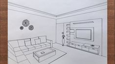 a drawing of a living room with couches, coffee table and television on the wall