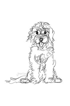 a black and white drawing of a dog with its tongue out, sitting down on the ground