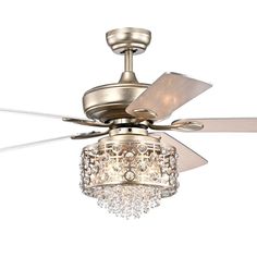 a ceiling fan with crystal chandelier hanging from it's blades and light fixture