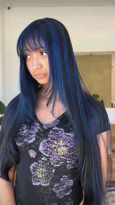 Blue And Black Hair Highlights, Blue Highlights Straight Hair, Black Hair With Blue Highlights Long, Periwinkle And Black Hair, Blue Hair On Black Hair, Dark Blue Light Blue Hair, Blue Calico Hair, Black And Blue Highlights Hair, Dark Blue Hair On Brown Skin