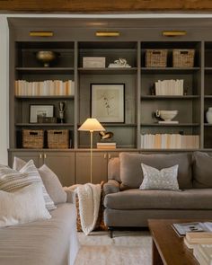 a living room filled with lots of furniture and bookshelves on top of it