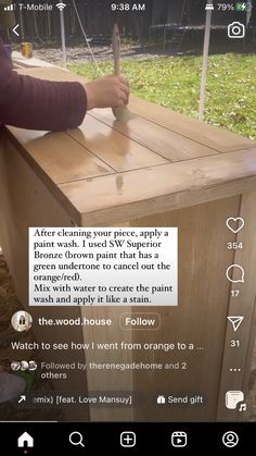 a person is using a knife to cut something out of a wooden box with the words'after cleaning your piece, apply a bronze brown paint that has a grate