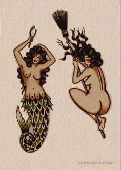 two mermaids with hairbrushes on their heads, one holding a broom and the other sitting down