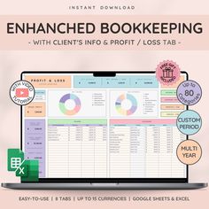 a laptop with the text, enhanced bookkeeping with client info and profits / loss tab