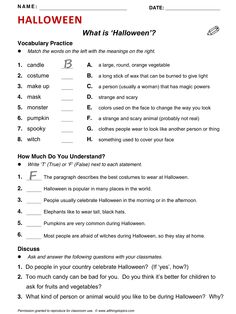 halloween worksheet with answers for students