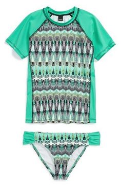 HA THIS SWIM SET IS NEW WITH TAGS!!! NEVER WORN, ONLY DISPLAYED IN A MAJOR DEPARTMENT STORE! PLEAS SEE ALL PHOTOS! HURLEY GIRLS PHOENIX SURF SHIRT AND BOTTOMS BIKINI SET NEW WITH TAGS! SIZE- SMALL COLOR: AQUA GREEN MULTI RETAIL- $61 PLUS TAX!! Show off your little one's sweet and sassy style in this Hurley® Kids Shirt Set. Shirt and matching bottom features a fun Aztec print throughout with contrasting solid trim. Top features short raglan sleeves. Bottom boasts and elastic waist. Embroidered lo Rashguard Swimsuit, Surf Shirt, Swim Sets, Geo Print, Aztec Print, Swim Suit, Rash Guard, Kids Wear, Raglan Sleeve