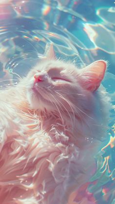 a cat that is laying down in the water with its head above the water's surface