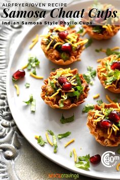 small appetizers on a white plate with text overlay that reads, saffered recipe samosa chat cups