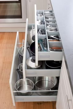 pots and pans are stored in the pull out drawer