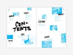 an open brochure with the words con - tents written in black on it