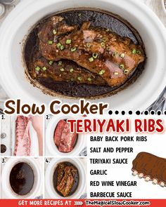 an advertisement for the slow cooker teriyaki ribs cookbook with instructions on how to cook it