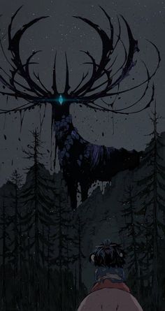 a person looking at a large deer in the night sky with trees and stars all around